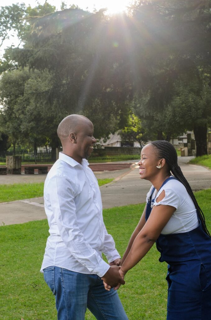 couple, nature, park, romance, relationship, sunset, portrait, poc couple, bipoc couple, black couple